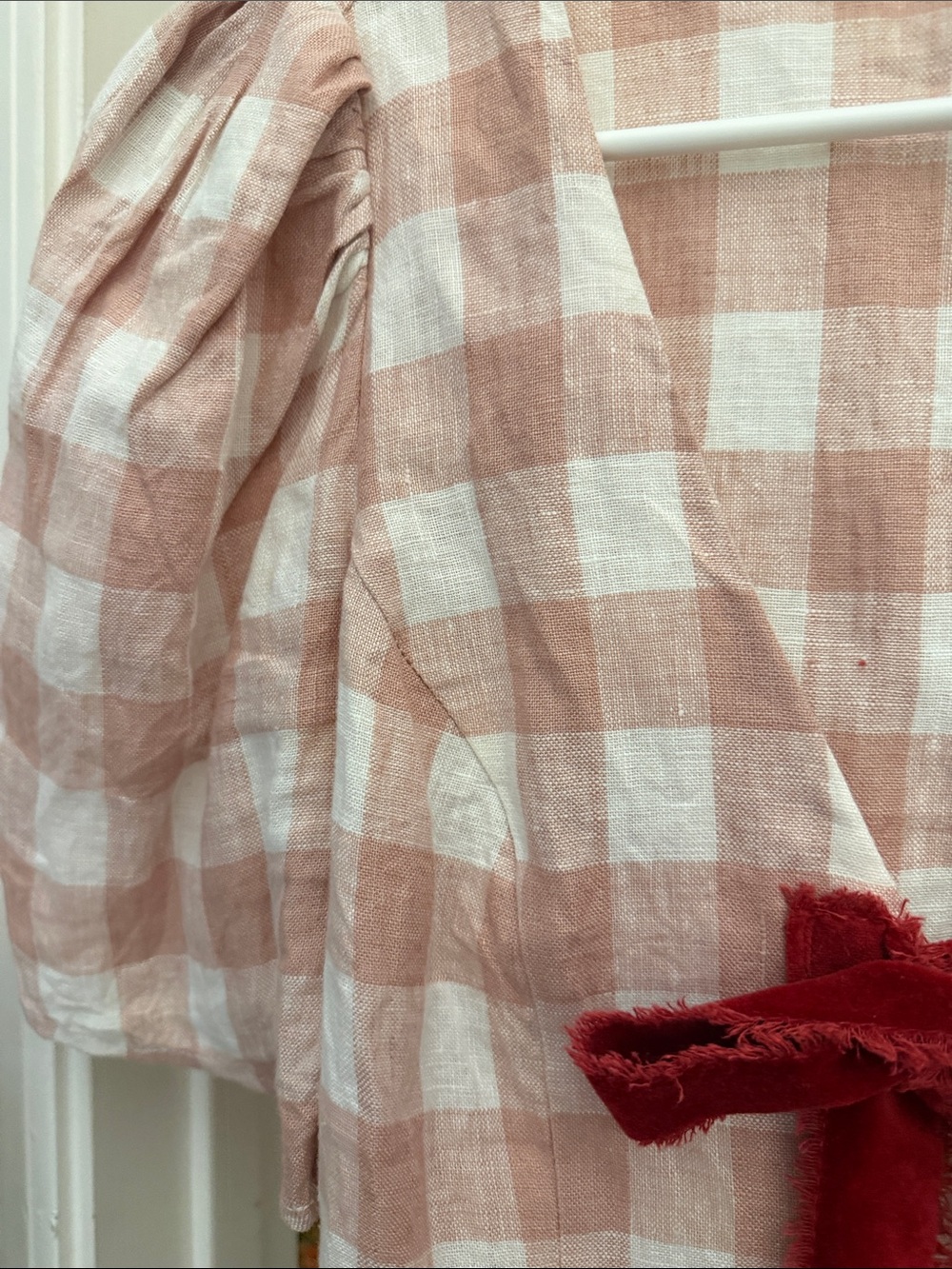 Reformation Pink and White Gingham Puff Sleeve top Red velvet Ribbon Front Ties - Picture 3 of 6